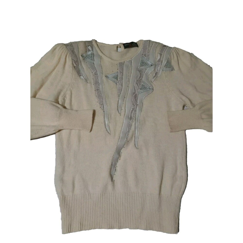 Vintage Sweater Womens Size L 1970s Embroidered Beaded Cream 70s Angora - Wool